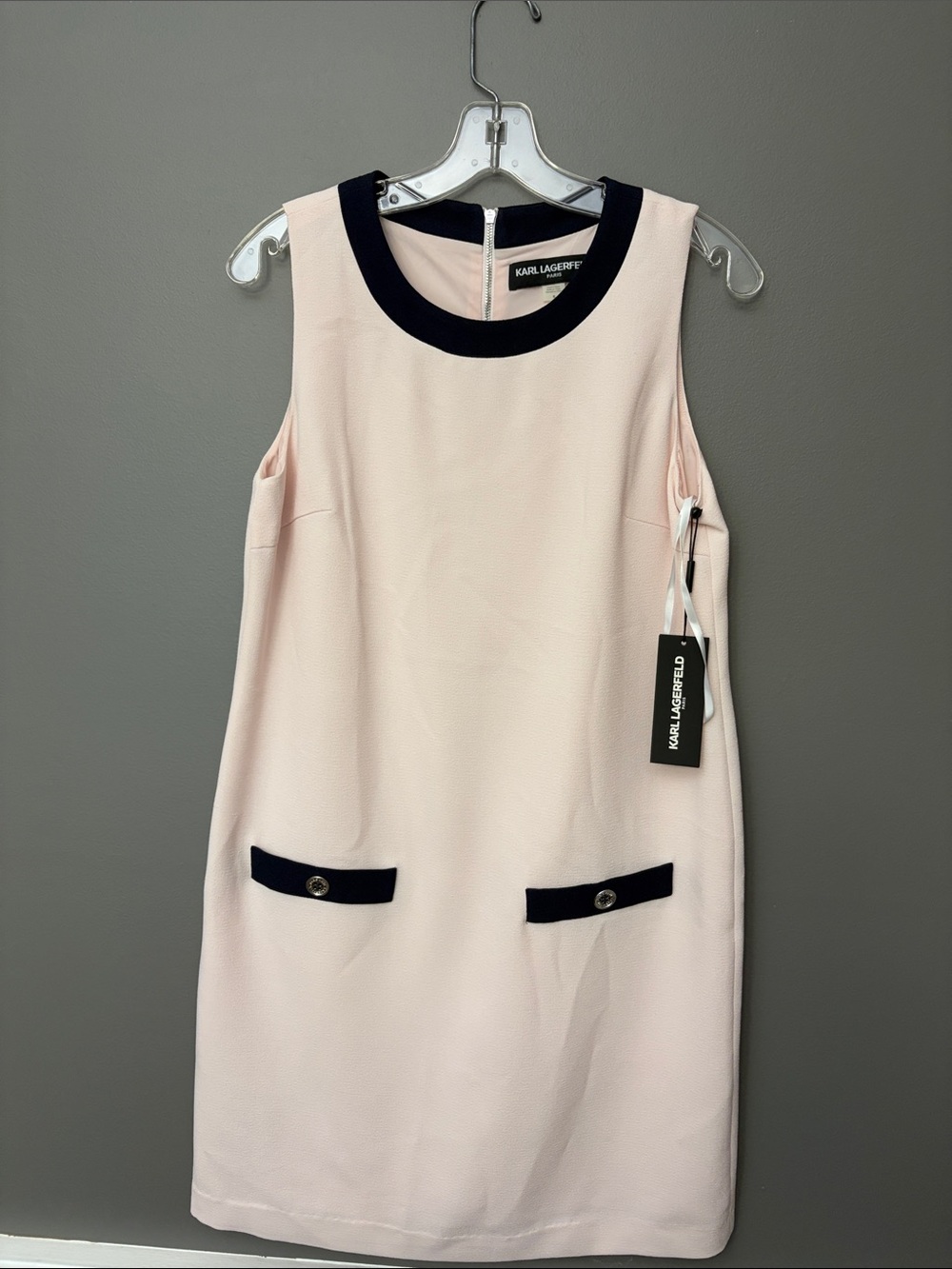 Karl Lagerfeld Pale Pink Sleeveless Shift Dress with Navy Trim - Size 8